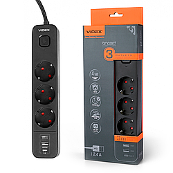 Мережевий подовжувач Videx ONCORD 3 розетки 3 метри 3x1.5мм із 2USB+USB-C 2.4А з кнопкою Black з заземленням чорний