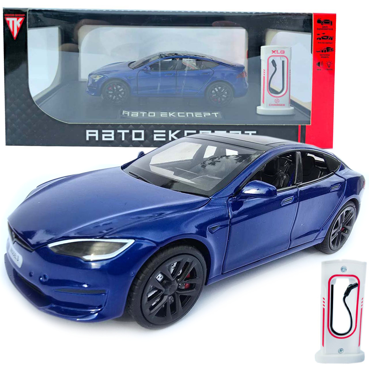 Машинка метал Tesla model S електрокар синя Тесла 1:24 відкр двері баг капот звук світло 17,5*7,5*5,5см (EL 64077)