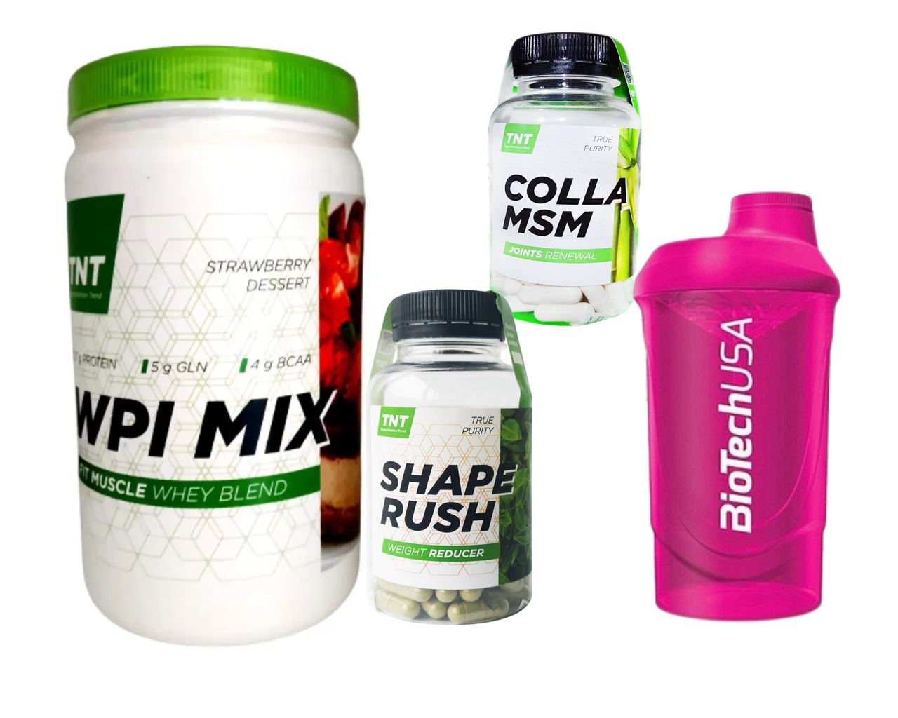 Набір TNT Nutrition Ізолят WPI MIX 0.9 кг Полуниця, Жироспалювач Shape Rush, Колаген Collа MSM, Шейкер, фото 1