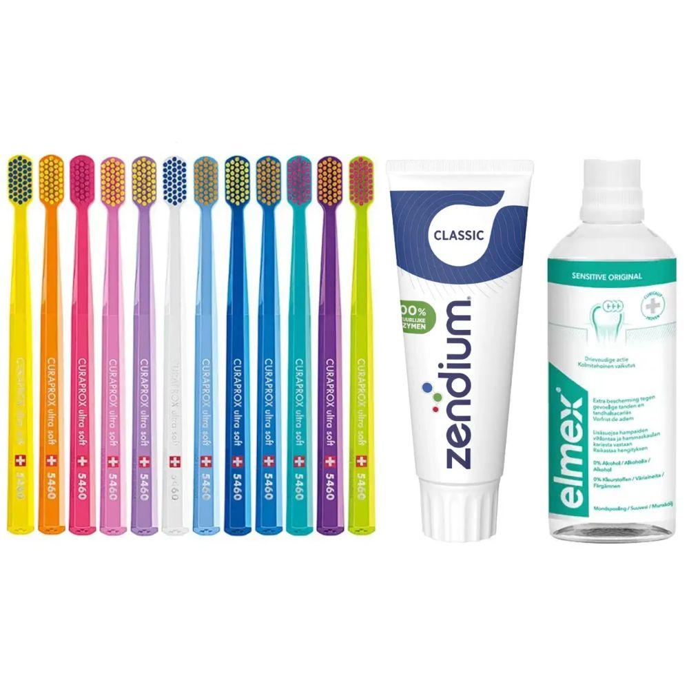 Зубна щітка Curaprox CS 5460 Ultra Soft для чутливих ясен + ополіскувач ELMEX Sensitive Original + паста Zendium Classic