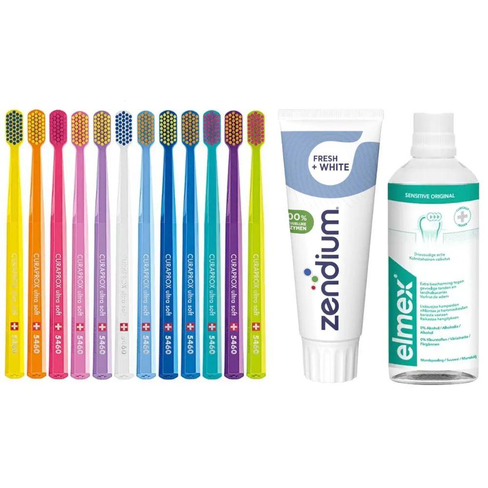 Зубна щітка Curaprox CS 5460 Ultra Soft + ополіскувач ELMEX Sensitive Original + паста Zendium Fresh+White для відбілювання