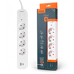 Мережевий подовжувач Videx ONCORD 4 розетки 3 метри 3x1.5мм з USB(QC3.0) +USB-C(PD20W) 3.4А з кнопкою білий
