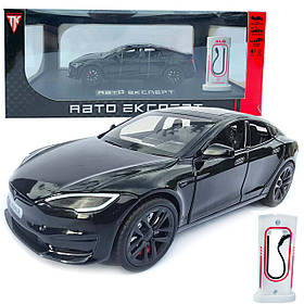 Машинка метал Tesla model S електрокар чорна Тесла 1:24 відкр двері баг капот звук світло 17,5*7,5*5,5см (EL 64077)