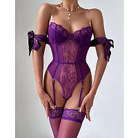 Комплект Savage, Женский боди с подтяжками+чулки, Соблазнительный кружевной боди с вшитыми подтяжками+чулки