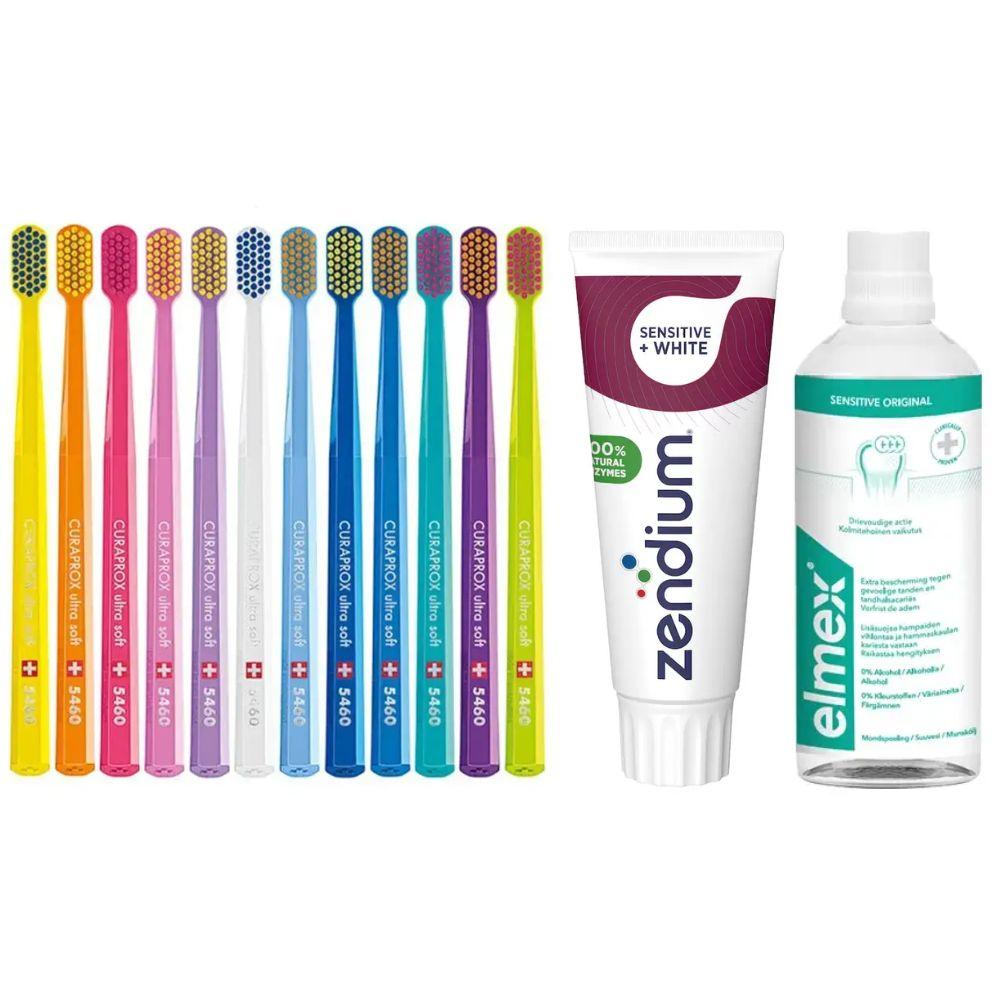 Зубна щітка Curaprox CS 5460 Ultra Soft для чутливих ясен + ополіскувач ELMEX Sensitive Original + паста Zendium Sensitive+White