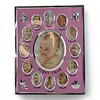 Фоторамка на 13 фото  "Мій перший рік" (9х13 см - 1 фото 2х3 см -12 фото) метал, рожева (DN32361A)