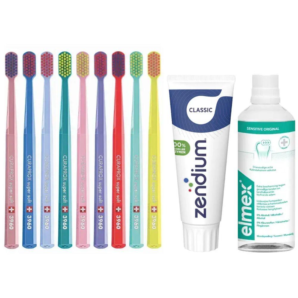 Зубна щітка Curaprox CS 3960 Super Soft для чутливих ясен + ополіскувач ELMEX Sensitive Original + паста Zendium Classic