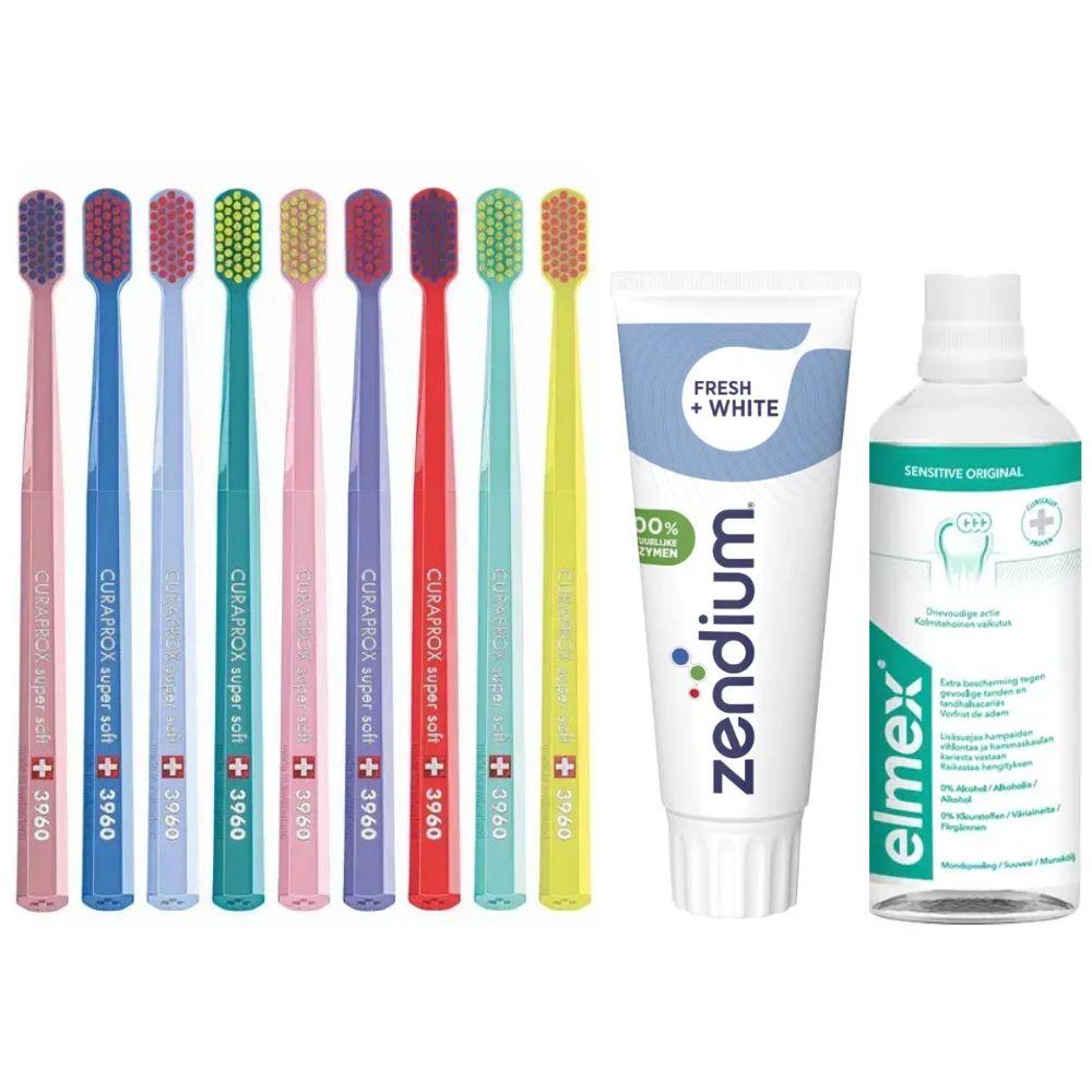 Зубна щітка Curaprox CS 3960 Super Soft для чутливих ясен + ополіскувач ELMEX Sensitive Original + паста Zendium Fresh+White