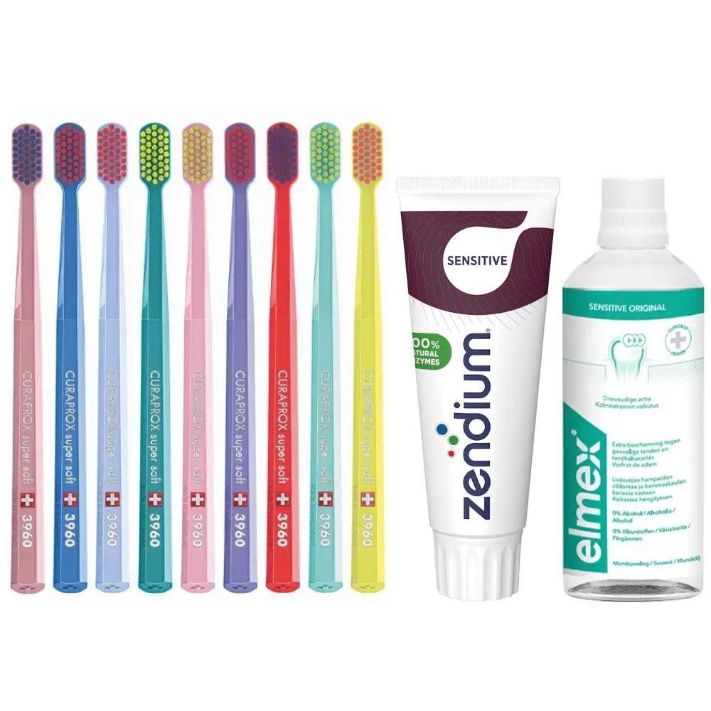 Зубна щітка Curaprox CS 3960 Super Soft для чутливих ясен + ополіскувач ELMEX Sensitive Original + паста Zendium Sensitive