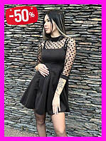 Женское стильное вечернее платье креп дайвинг и фатин сетка черное Маленькое черное платье в горох