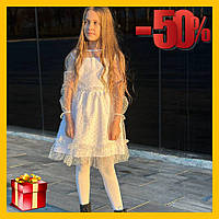 Детское платье сетка шифон белое Платье для девочки пышное в горошек сеточка костюмка