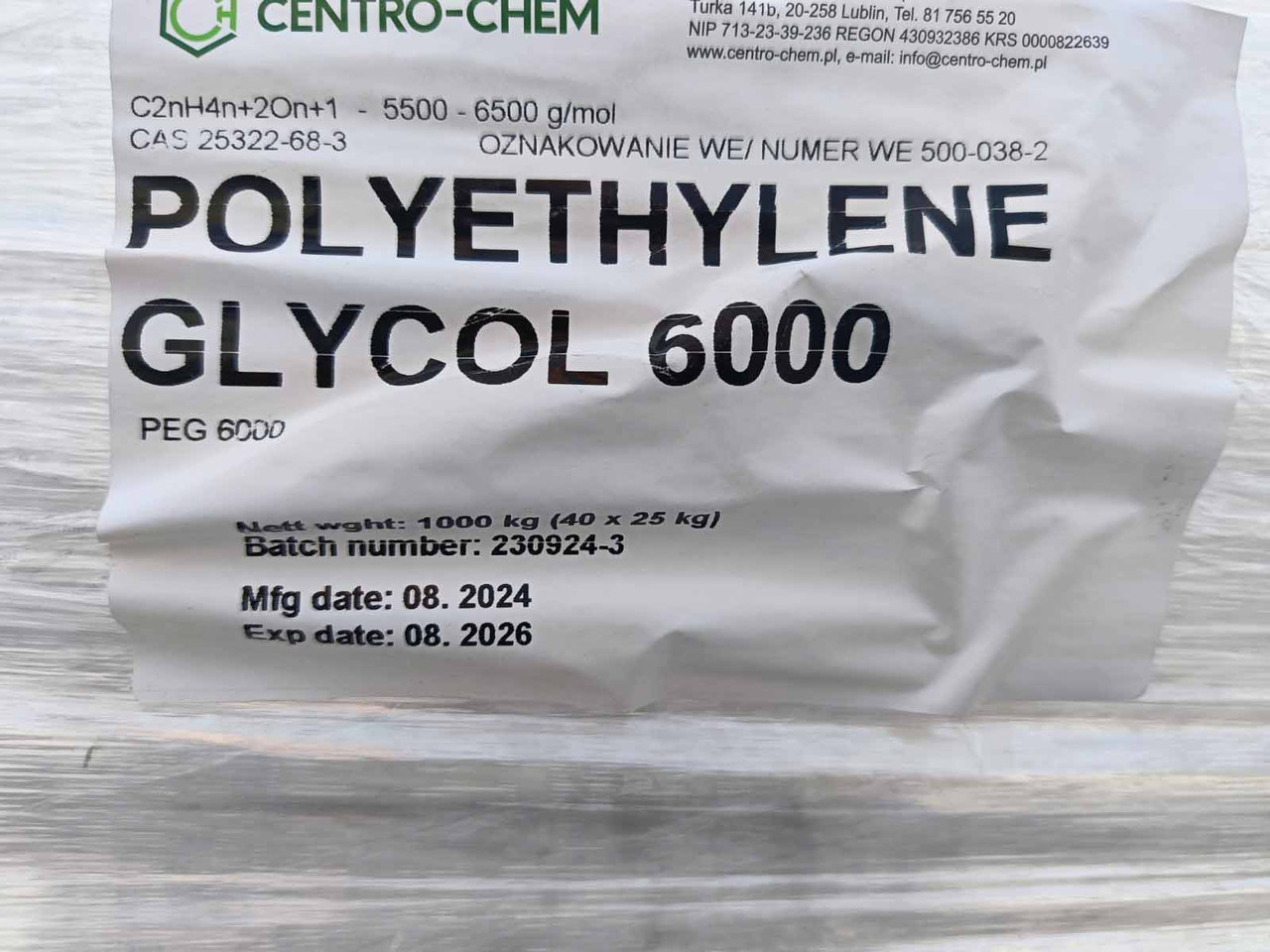 ПЕГ 6000 (Поліетиленгліколь 6000), 250 кг (180 грн за 1кг)