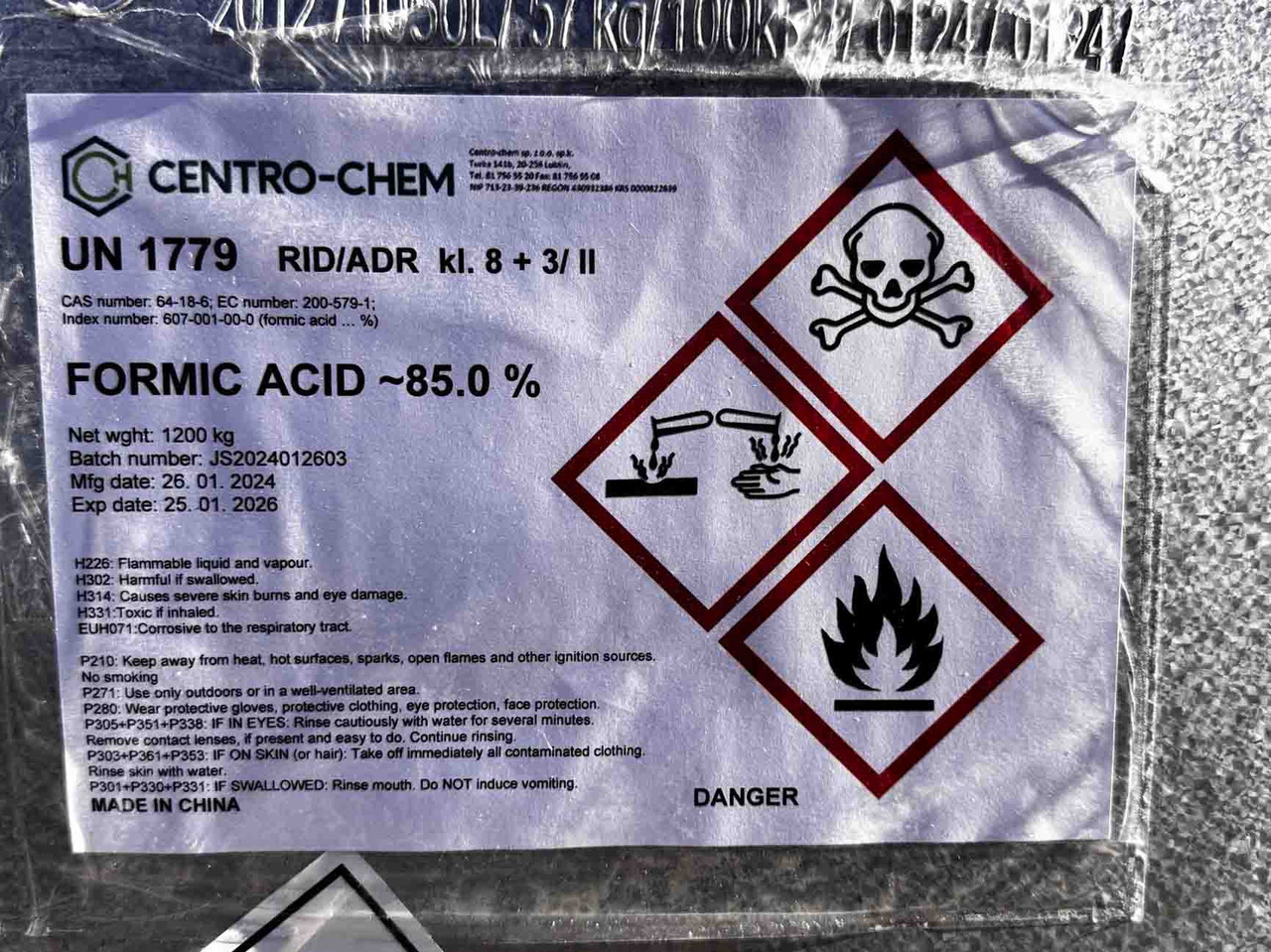 Мурашина кислота 85% (метанова кислота), мурашиний спирт, кислота для зерна, антибактеріальний засіб, 12,5 кг