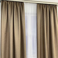 Щільні готові штори льон блекаут світло-коричневі Горіхові з тюлем, стильні однотонні портьєри blackout від сонця, фото 7