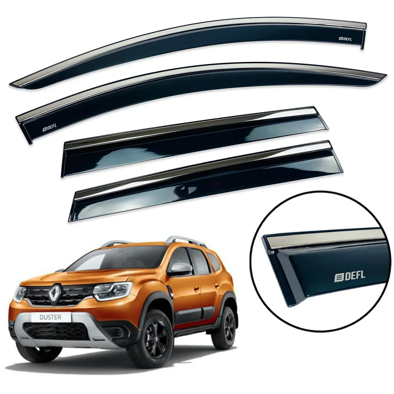 Дефлектори вікон Defl на Dacia Duster II 2018+ Вітровики з хром-смужкою Дефл на Дача Дастер, фото 1