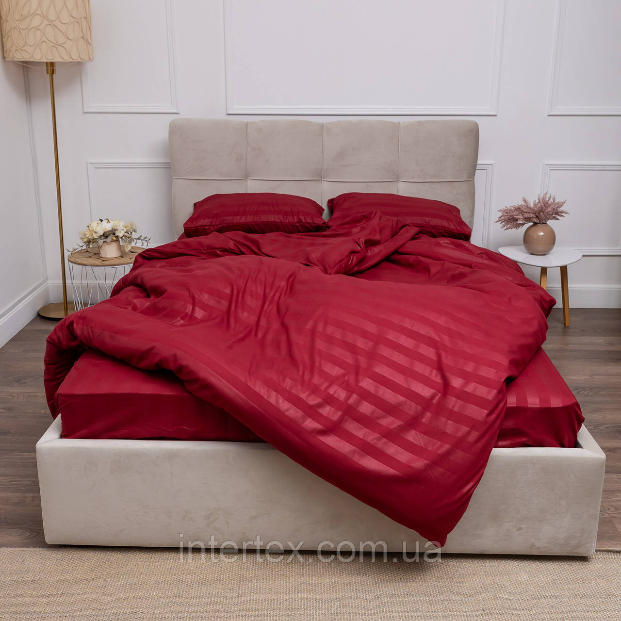 Комплект постільної білизни Страйп бордовий (півторачний), фото 1