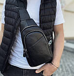 Сумка-слінг чоловіча чорна через плече з натуральної шкіри, фото 3
