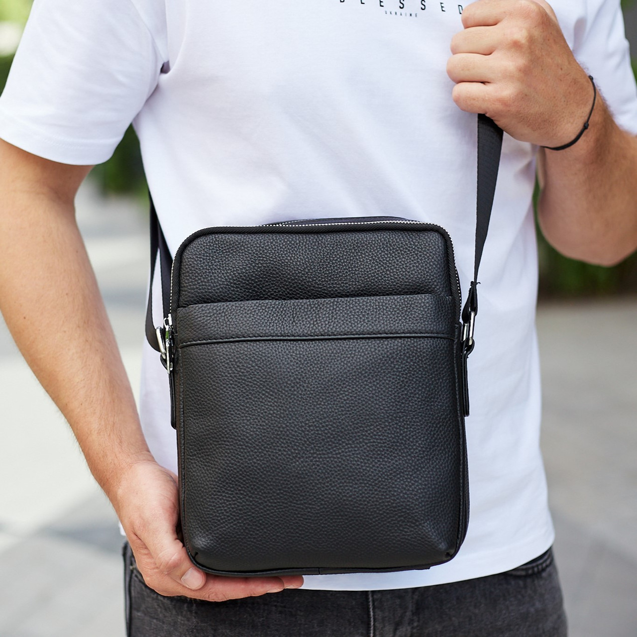 Чоловіча сумка-мессенджер на два відділення шкіряна чорна Tiding Bag 7459, фото 1