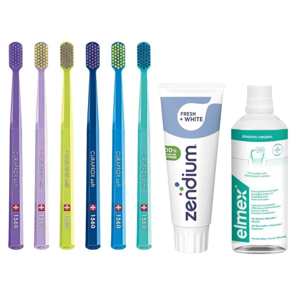 Зубна щітка Curaprox CS 1560 Soft для чутливих ясен + ополіскувач ELMEX Sensitive Original + паста Zendium Fresh+White