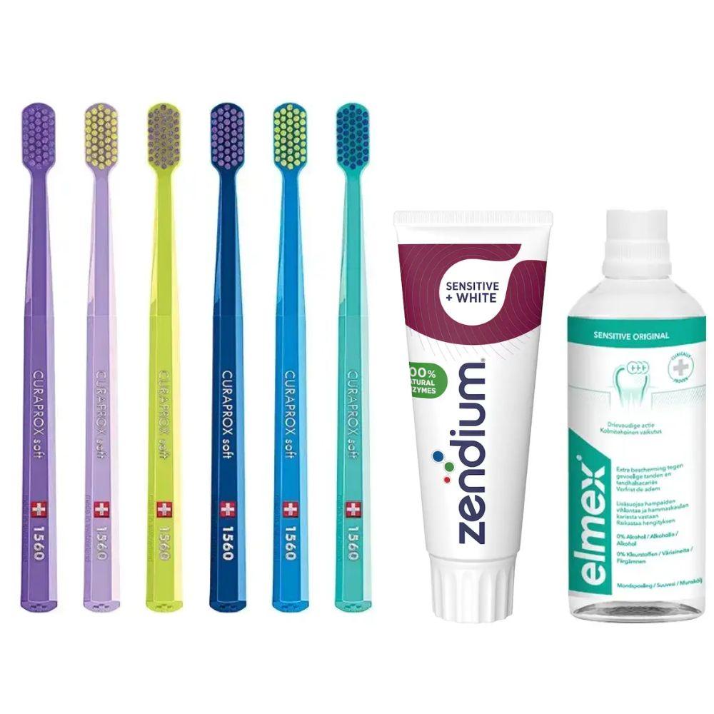 Зубна щітка Curaprox CS 1560 Soft для чутливих ясен + ополіскувач ELMEX Sensitive Original + паста Zendium Sensitive+White