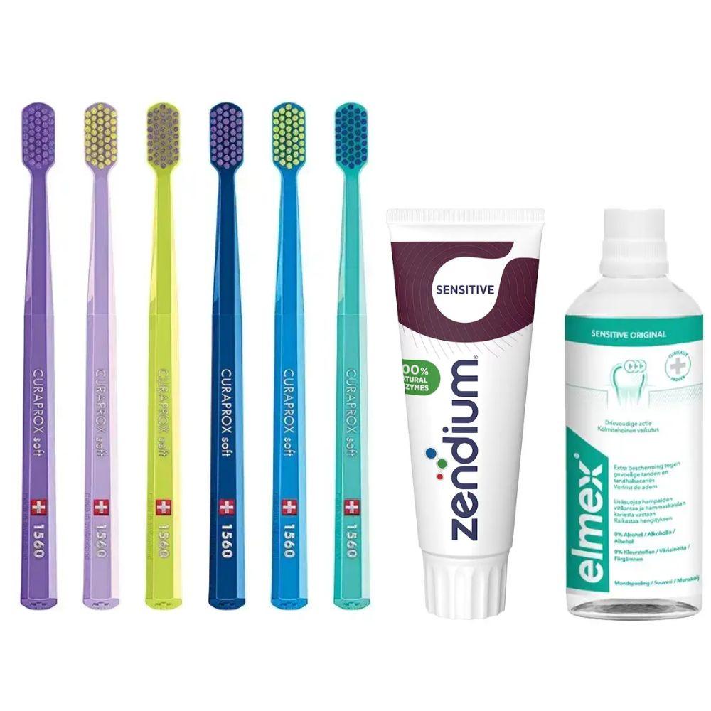 Зубна щітка Curaprox CS1560 Soft для чутливих ясен та пародонтозу + ополіскувач ELMEX Sensitive Original + паста Zendium Sensitive, фото 1