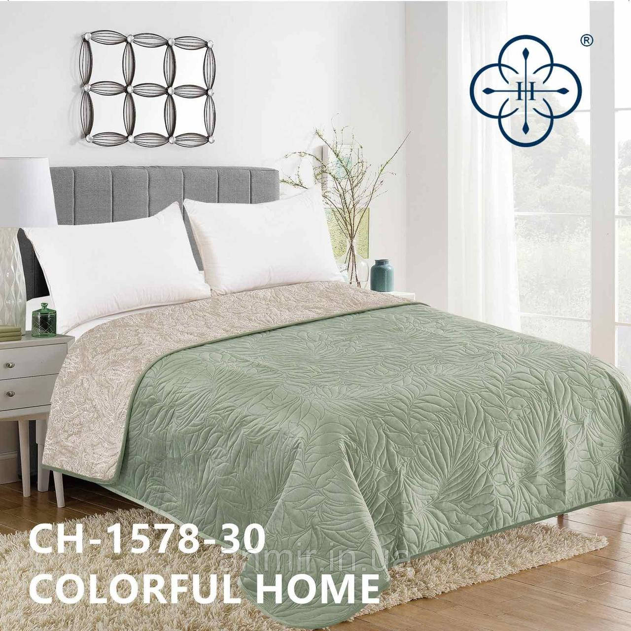 Покривало-плед на ліжко стьобане двоколірне велюр КВЕСТИ євро 200х230 см, кольору міксом