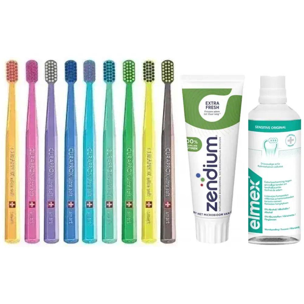 Зубна щітка Curaprox CS Smart 7600 від 5 років та дорослих + ополіскувач ELMEX Sensitive Original + паста Zendium Extra Fresh, фото 1