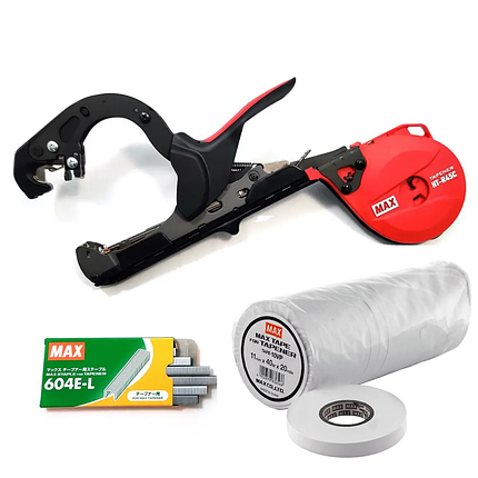 Набір MAX ORIGINAL: садовий степлер MAX HT-R45C(RD) + скоби MAX 604E-L + стрічки MAX TAPE-10VP - 20 рулонів, фото 1