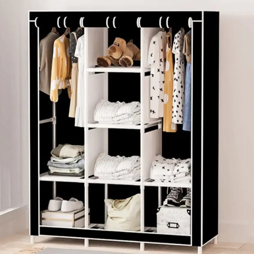 Шафа тканинна 3 секції складана з каркасом STORAGE WARDROBE 175 х 130 х 45 см. Колір: чорний AuraHome