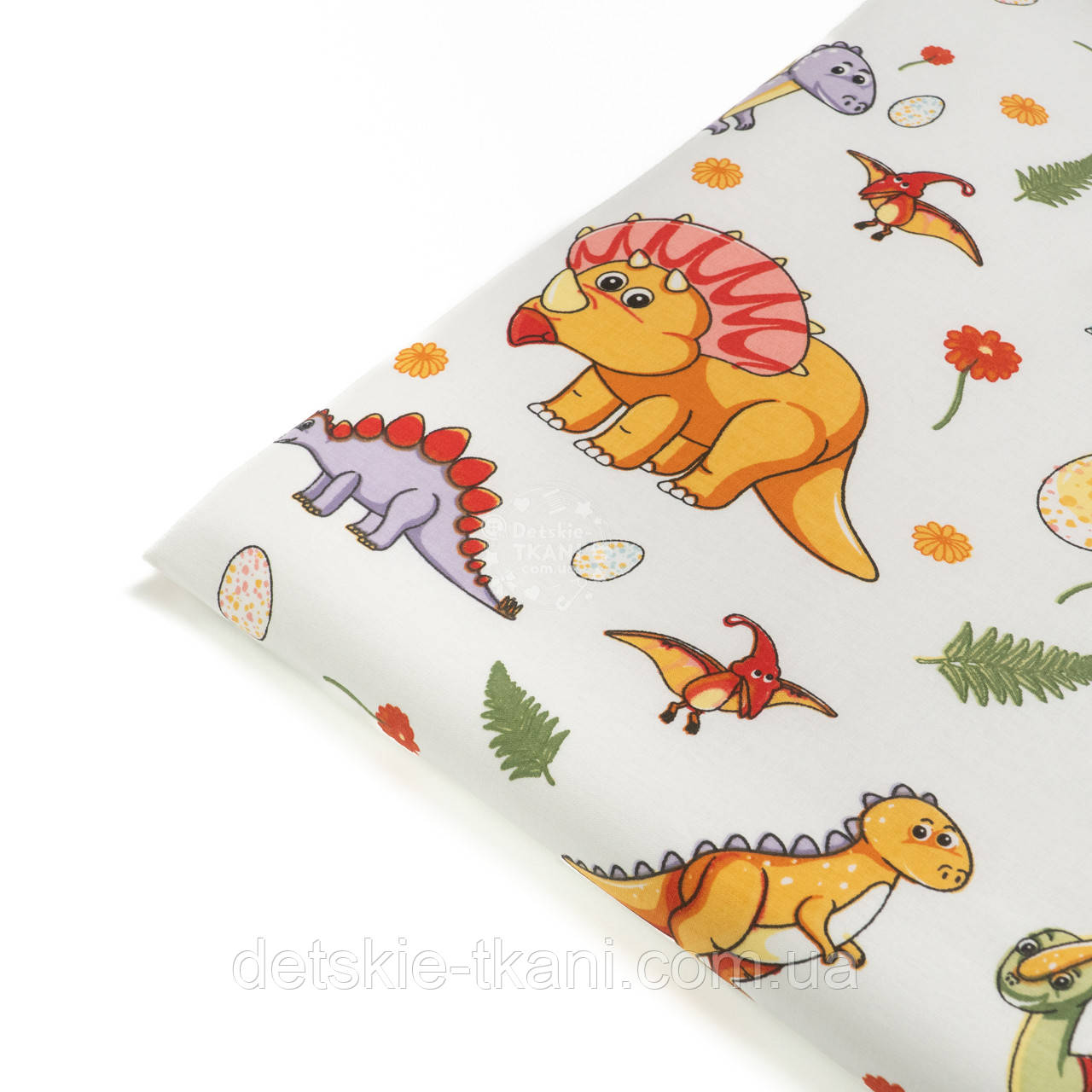 Клапоть ранфорсу  "Зелена папороть, бузкові динозаври та гербера", №5608, розмір 49*120 см, фото 1