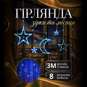 Гірлянда-штора Луна та зірки розмір 3*0,9 м 12 фігур, синій