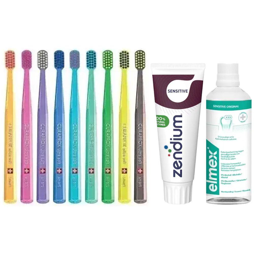 Зубна щітка Curaprox CS Smart 7600 від 5 років та дорослих + ополіскувач ELMEX Sensitive Original + паста Zendium Sensitive, фото 1