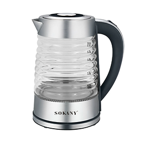 Електрочайник скляний Sokany SK-1027 безшумний 2,2 л з підсвіткою, сталь