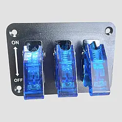 Блок із вимикачами тумблерними 3 шт ON-OFF, 12V, 20 А, ніжки кольору захисного ковпачка синій. DTL-2603