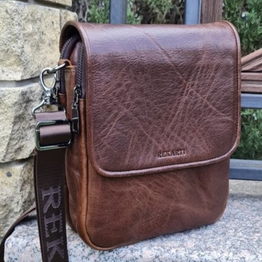 Чоловіча шкіряна сумочка через плече 24х20х6, месенджер із натуральної шкіри Tiding Bag, коричнева, фото 1