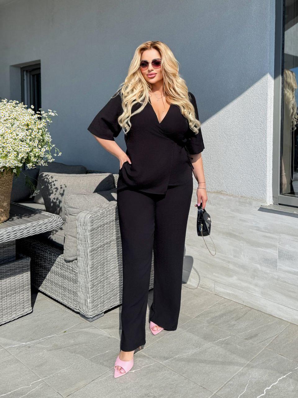 Літній легкий жіночий комфортний костюм брючний двійка сорочка на запах і прямі штани льон-бохо батал, фото 1