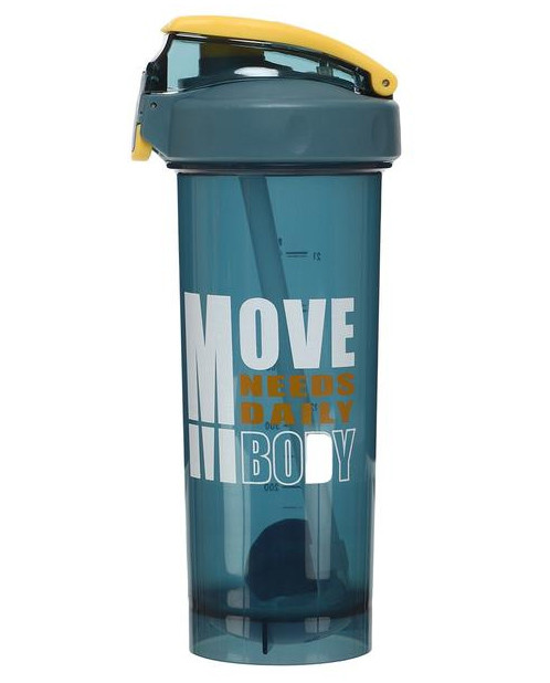 Пляшка шейкер для води спортивна пластик 0,8 літра, гумовий ущільнювач, трубочка + вінчик, синя