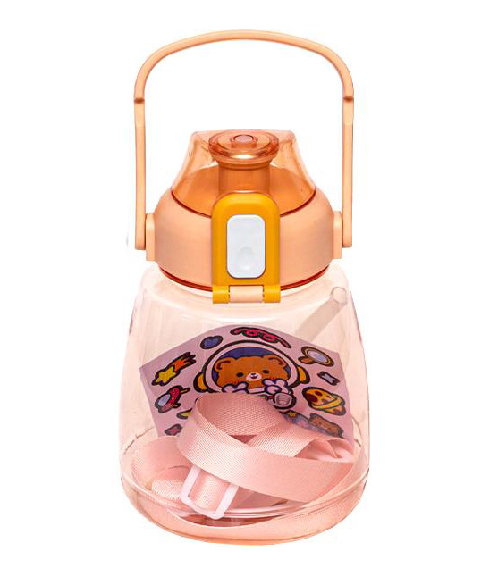 Пляшка для води пластик 1,3 літра з трубочкою, пластикова ручка, ремінець для перенесення і наклейки, помаранчева