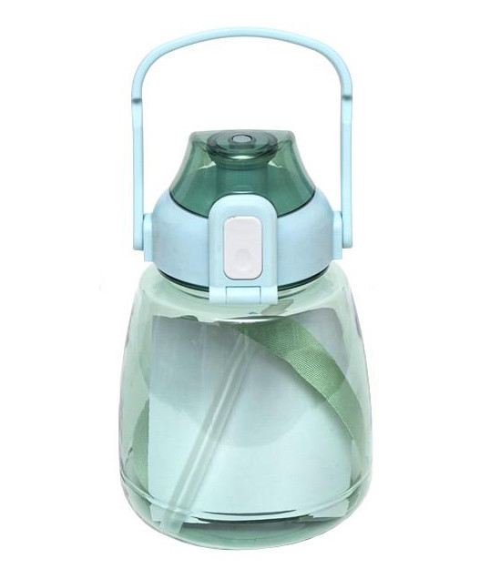 Пляшка для води пластик 1,3 літра з трубочкою, пластикова ручка, ремінець для перенесення і наклейки, блакитна