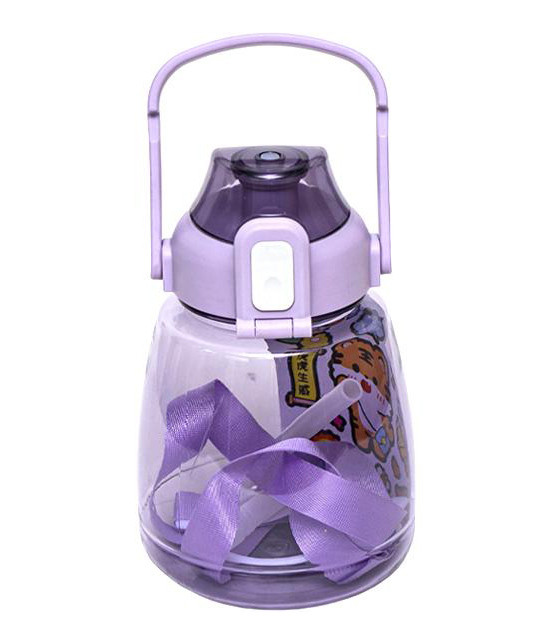 Пляшка для води пластик 1,3 літра з трубочкою, пластикова ручка, ремінець для перенесення і наклейки, фіолетова