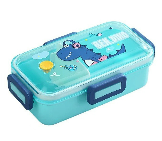 Ланч бокс «Динозавр» для дітей до школи з роздільником + ложка-вилка 700 мл 19х11х6 см, бірюзовий