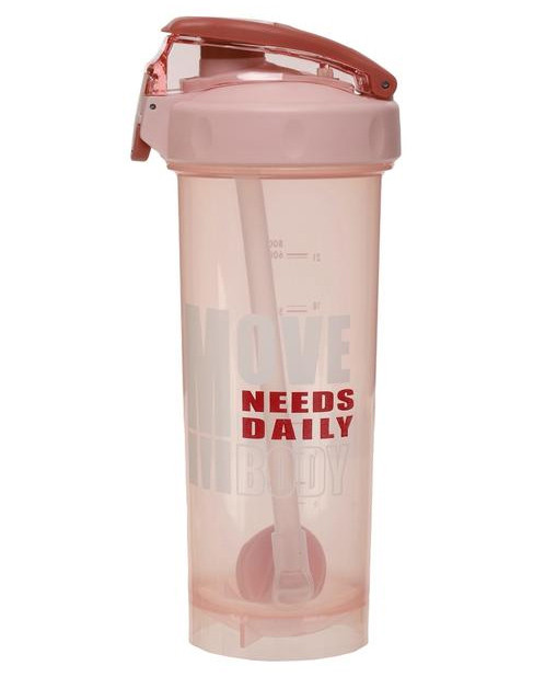 Пляшка шейкер для води спортивна пластик 0,8 літра, гумовий ущільнювач, трубочка + вінчик, рожева, фото 1