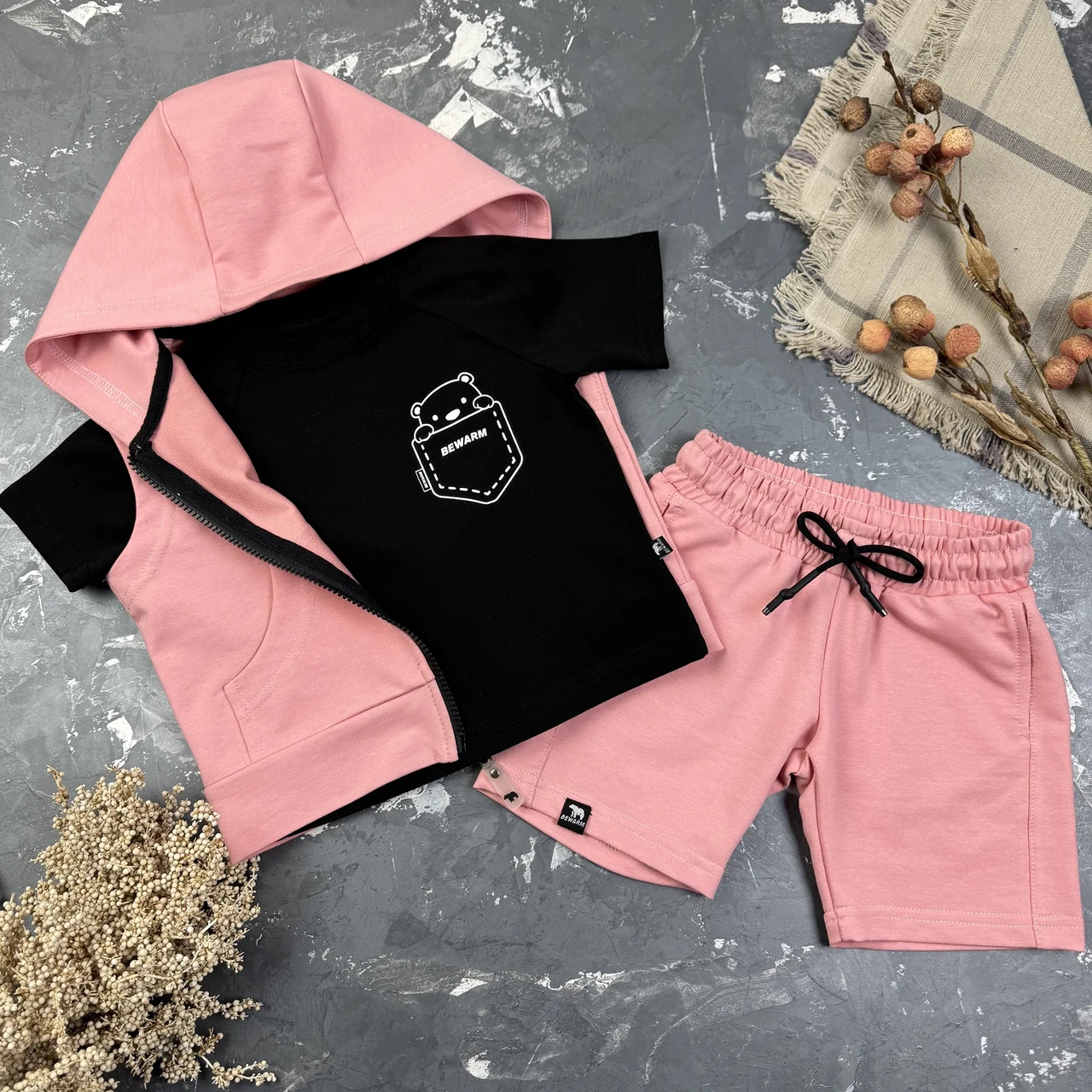 Дитячий літній костюм шорти + жилетка + футболка Prettybear Рожевий/Чорний