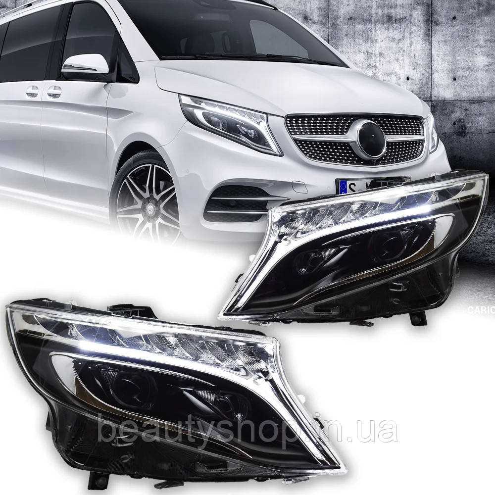 Передні світлодіодні фари для Mercedes-Benz Vito W447 (2013–2019), з проекційними лінзами, DRL та динамічними покажчиками повороту