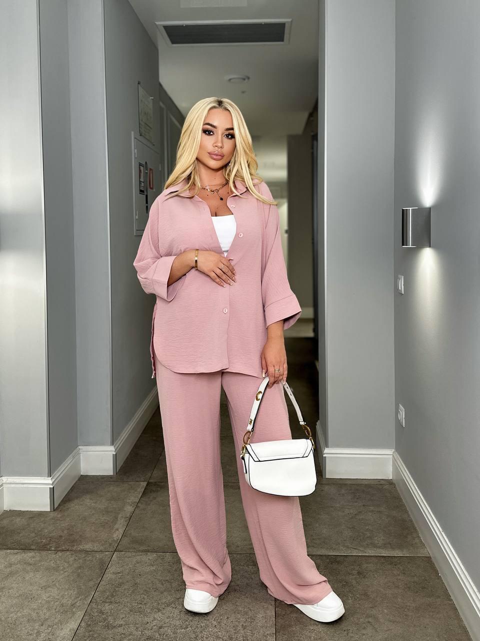 Костюм жіночий ЛІТНІЙ ЖАТКА 2-ка СОРОЧКА+ШТАНИ БАТАЛ р.48-58 ПУДРА 032, фото 1