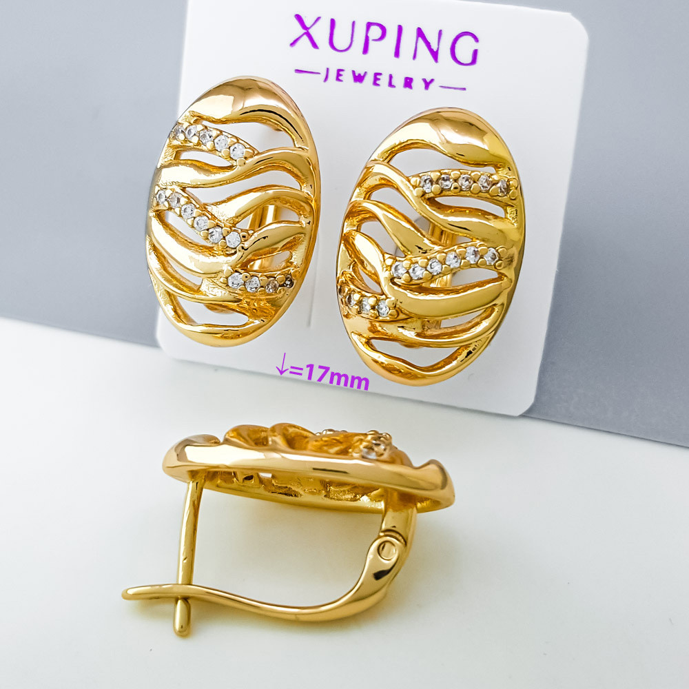 Сережки Ажурний Овал з камінням, англ.замок, медсплав Xuping позолота 18K