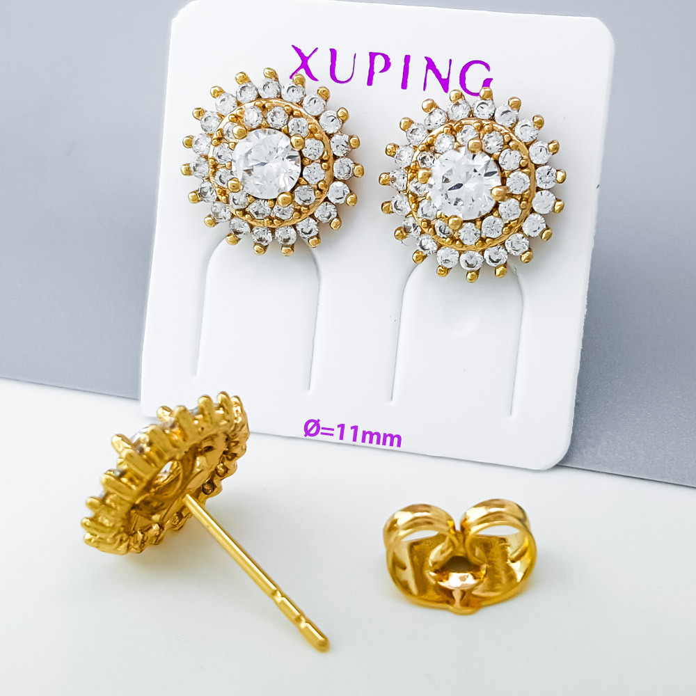 Сережки цвяшки Квітка в розсип каміння, медсплав Xuping позолота 18K
