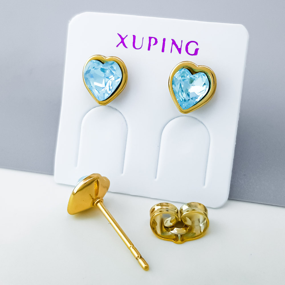 Сережки цвяшки, Серце з блакитним Swarovski, Xuping позолота 18K, фото 1