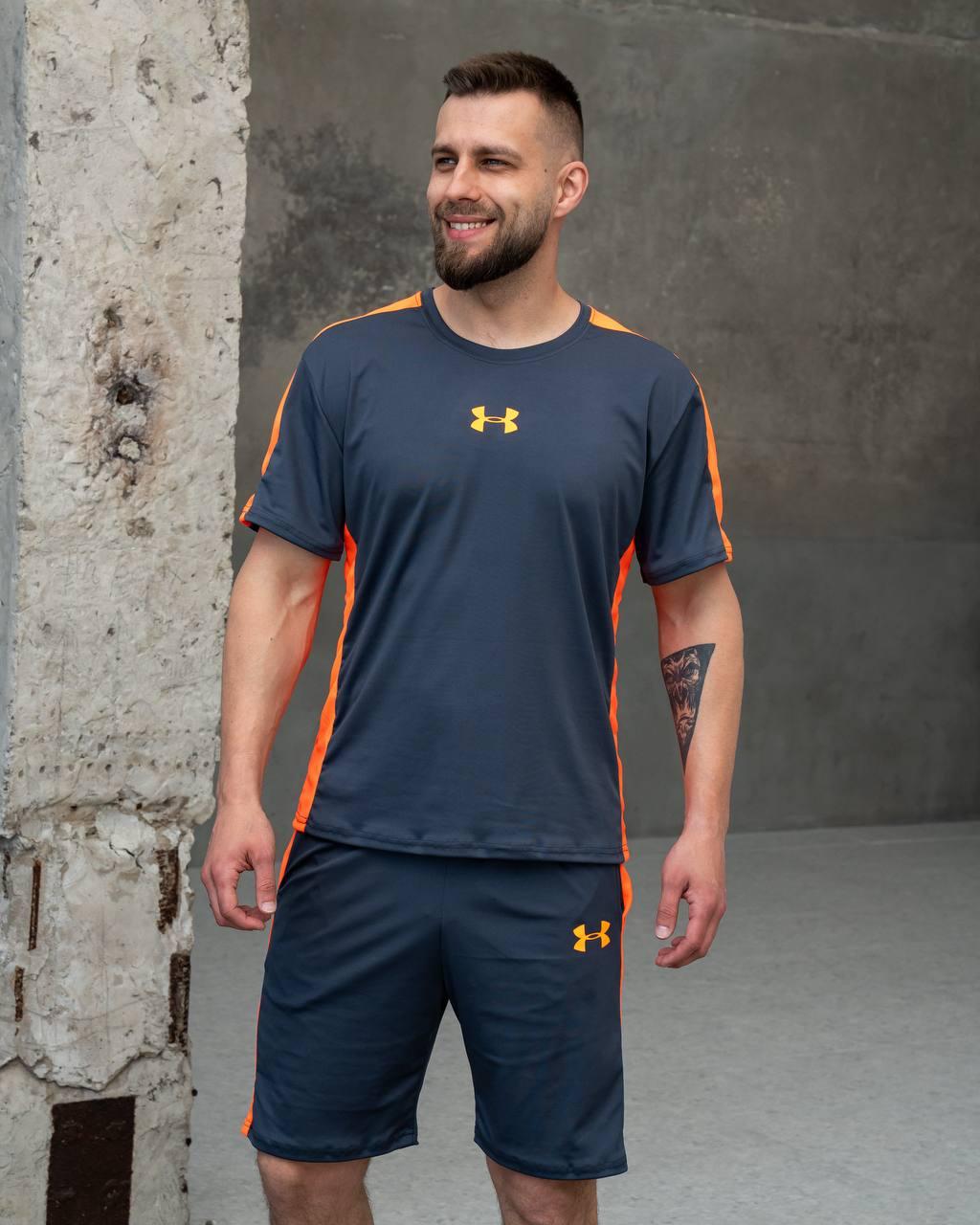 Чоловічий костюм літній Under Armour Футболка + Шорти сірий з помаранчевим Андер Армор на літо з лампасами