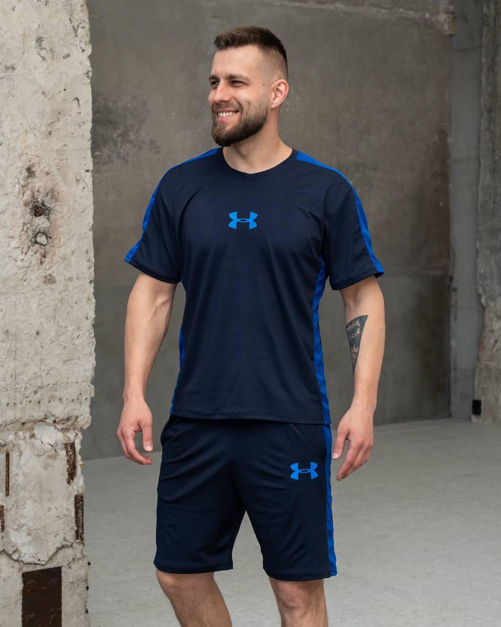 Чоловічий літній костюм Under Armour Футболка + Шорти синій Андер Армор на літо з лампасами